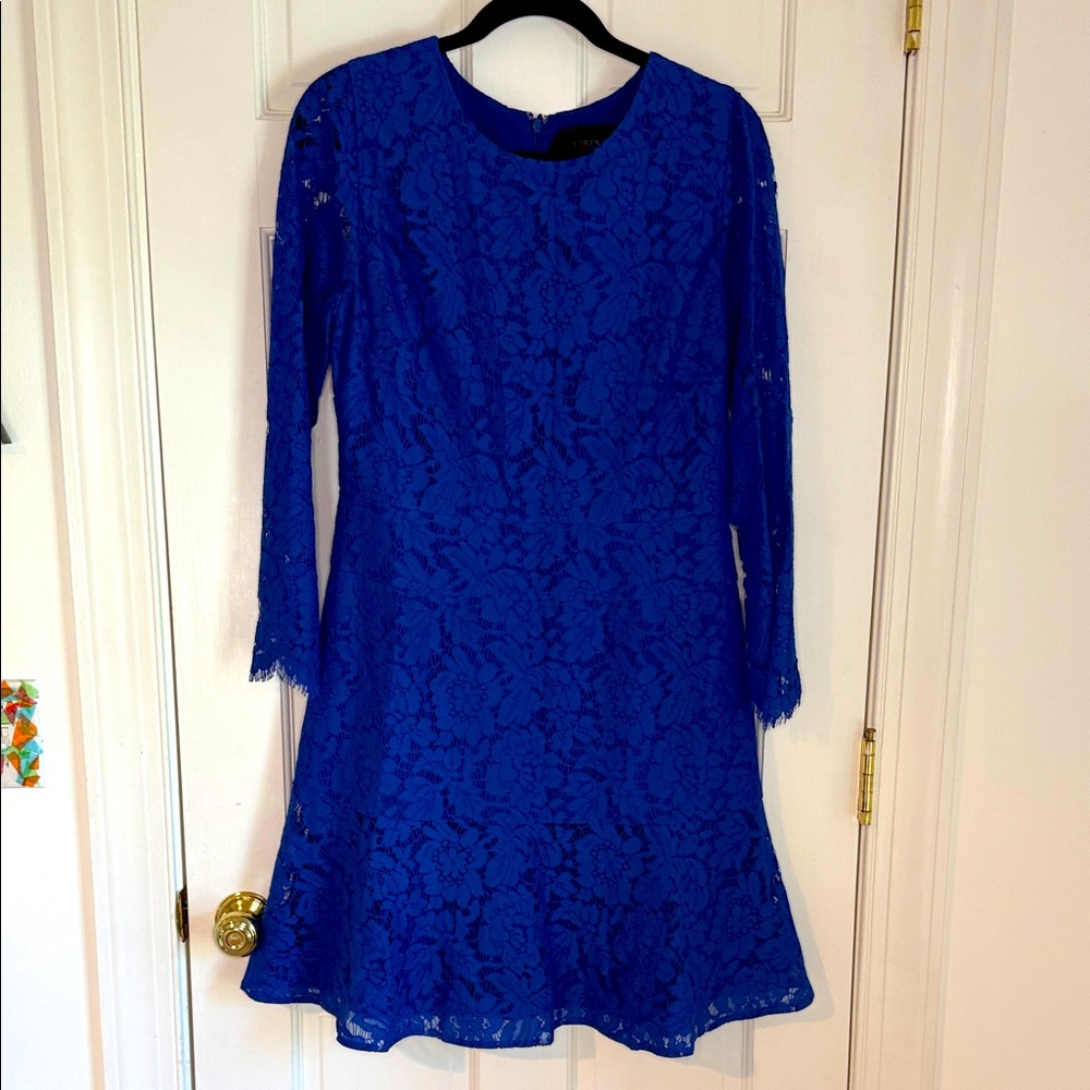J. Crew Women's Long Sleeve Lace Mini Dress Flounce Ruffle Cobalt Blue 10